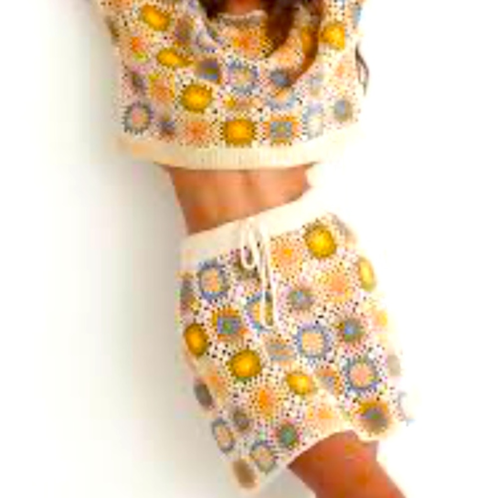 Ghanda Cream Crochet Mini Skirt with Yellow & Blue Floral Motif